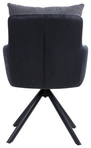 Rückansicht eines modernen Armlehnstuhls mit schwarzem Bezug und grauem Kissen, auf einem stabilen Metallgestell.