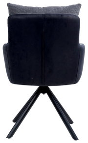 Achterkant van een moderne fauteuil met zwarte bekleding en een grijs kussen, op een stevig metalen frame.