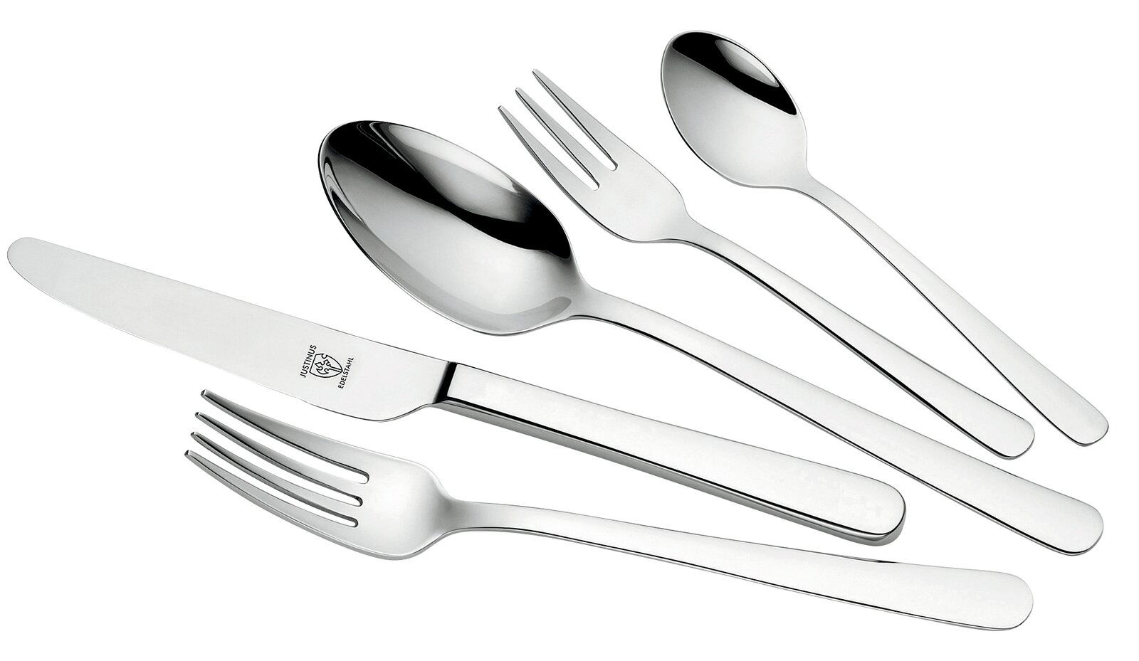 Elegantes Besteckset aus Edelstahl, bestehend aus Messer, Gabel, Löffel, Dessertgabel und Teelöffel, in seitlicher Perspektive.