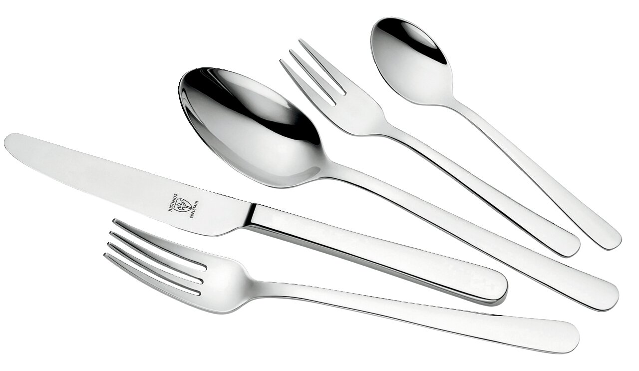 Elegantes Besteckset aus Edelstahl, bestehend aus Messer, Gabel, Löffel, Dessertgabel und Teelöffel, in seitlicher Perspektive.