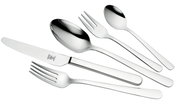 Elegantes Besteckset aus Edelstahl, bestehend aus Messer, Gabel, Löffel, Dessertgabel und Teelöffel, in seitlicher Perspektive.