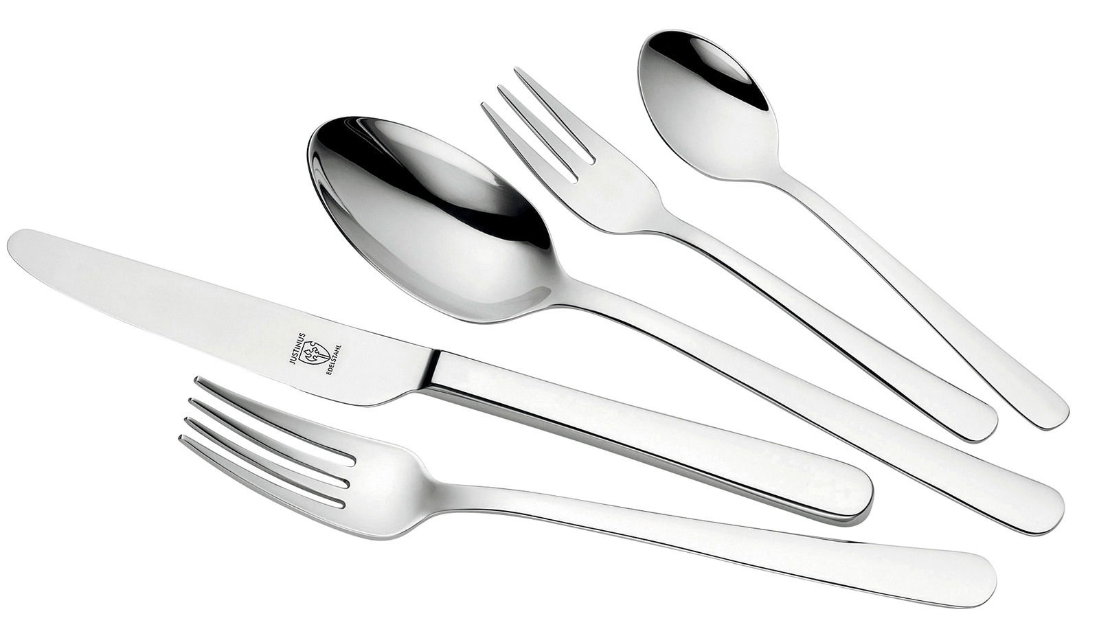 Elegantes Besteckset aus Edelstahl, bestehend aus Messer, Gabel, Löffel, Dessertgabel und Teelöffel, in seitlicher Perspektive.