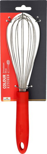 Roter Schneebesen mit Edelstahl-Drähten, frontal abgebildet auf einer Verpackungskarte.