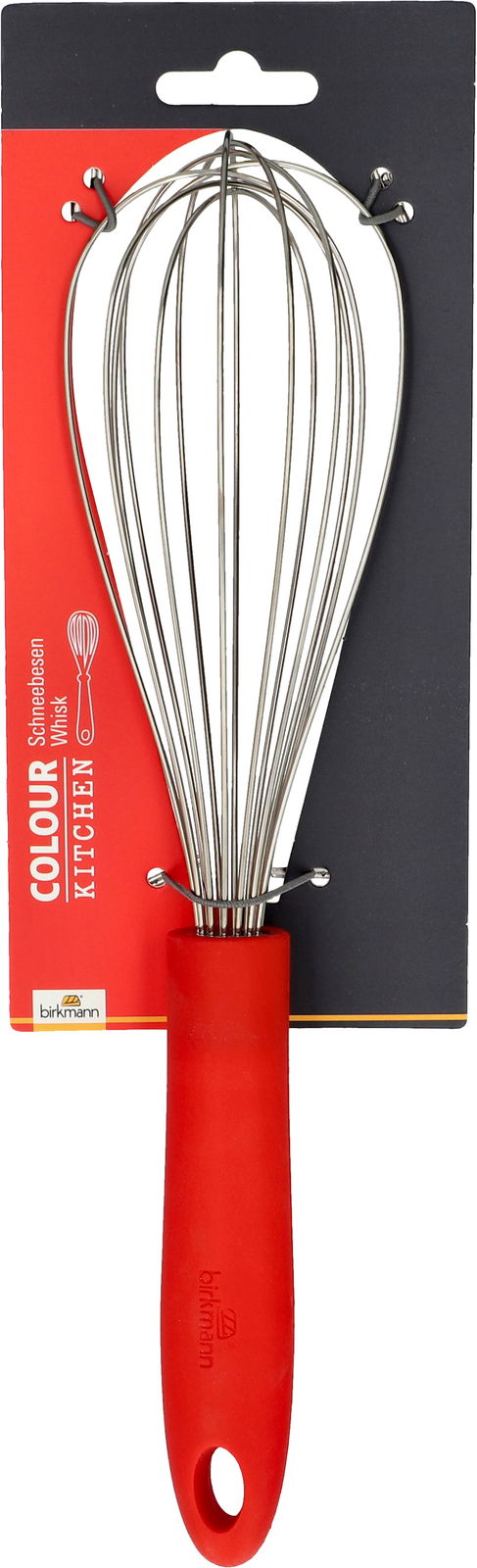 Birkmann Schneebesen COLOUR KITCHEN Roter Schneebesen mit Edelstahl-Drähten, frontal abgebildet auf einer Verpackungskarte.