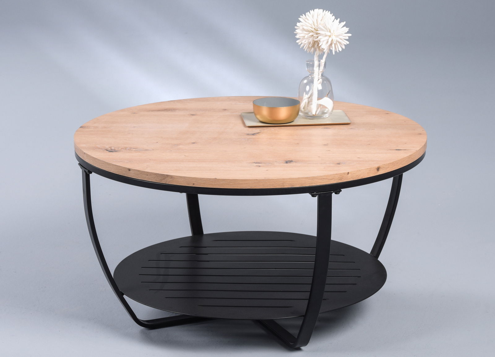 Z2 Couchtisch PALERMO Runder Couchtisch mit Holzplatte und schwarzem Metallgestell, seitliche Perspektive