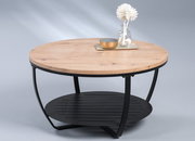 Runder Couchtisch mit Holzplatte und schwarzem Metallgestell, seitliche Perspektive