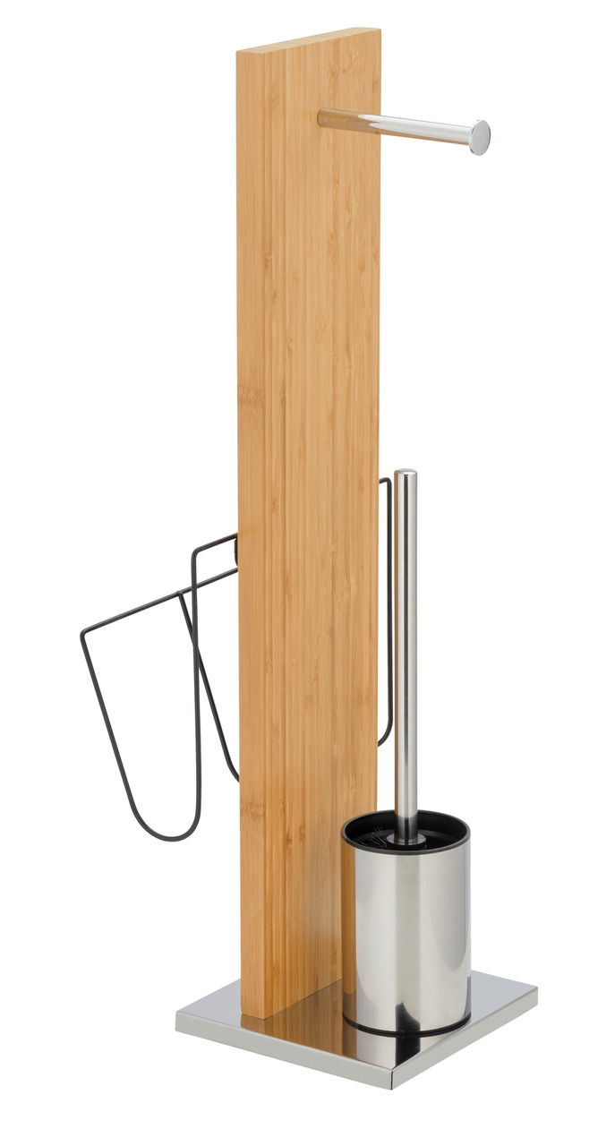 WC-Garnitur mit Zeitungshalter aus Holz und Metall, seitliche Perspektive