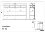 Technische Zeichnung eines Schuhschranks mit den Maßen 180 cm Breite, 111 cm Höhe und 40 cm Tiefe. Front- und Seitenansicht des Schranks mit mehreren Fächern und Türen. Perspektive von vorne und seitlich.