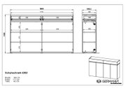 Technische Zeichnung eines Schuhschranks mit den Maßen 180 cm Breite, 111 cm Höhe und 40 cm Tiefe. Front- und Seitenansicht des Schranks mit mehreren Fächern und Türen. Perspektive von vorne und seitlich.
