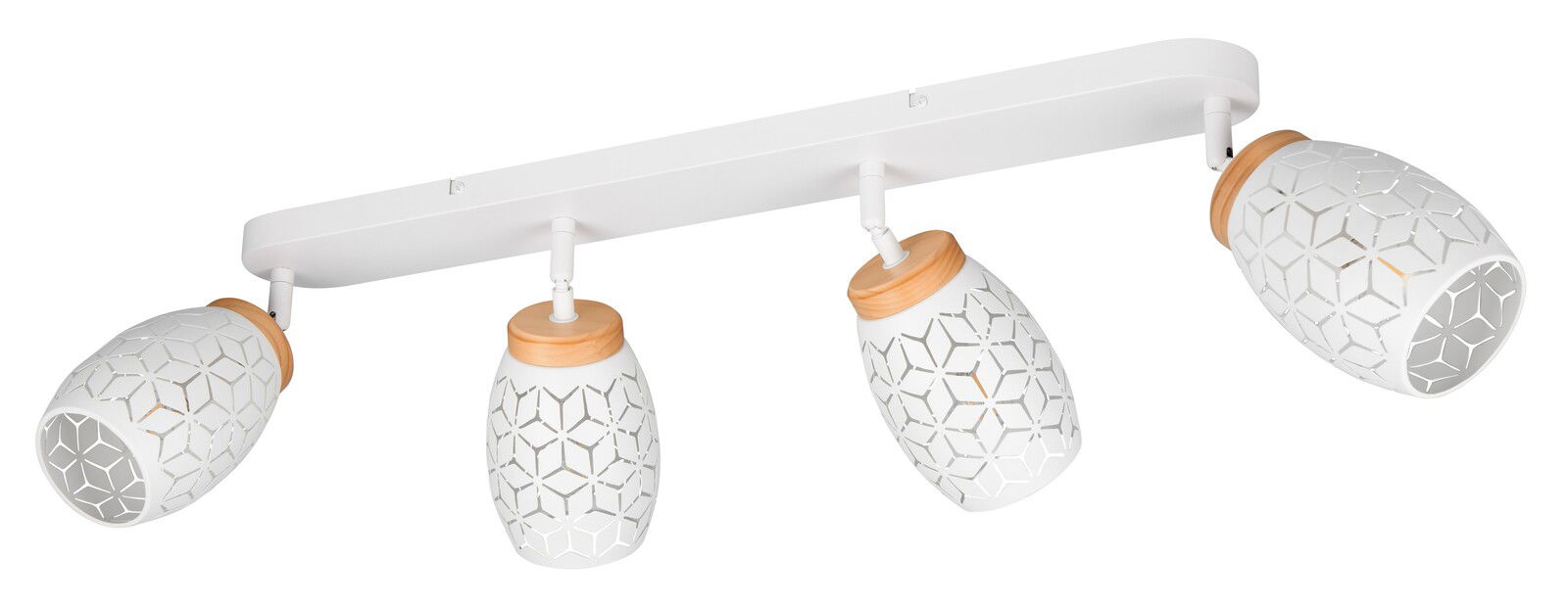 Reality Leuchten Strahler BIDAR Moderner weißer Strahler mit vier verstellbaren Lampenschirmen und geometrischem Muster, seitliche Perspektive