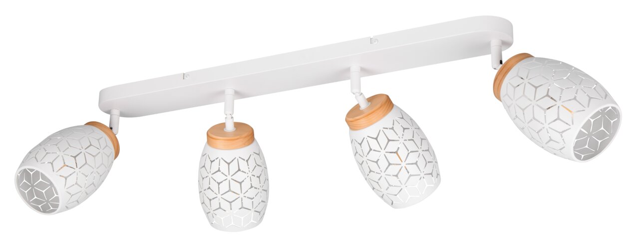 Moderner weißer Strahler mit vier verstellbaren Lampenschirmen und geometrischem Muster, seitliche Perspektive