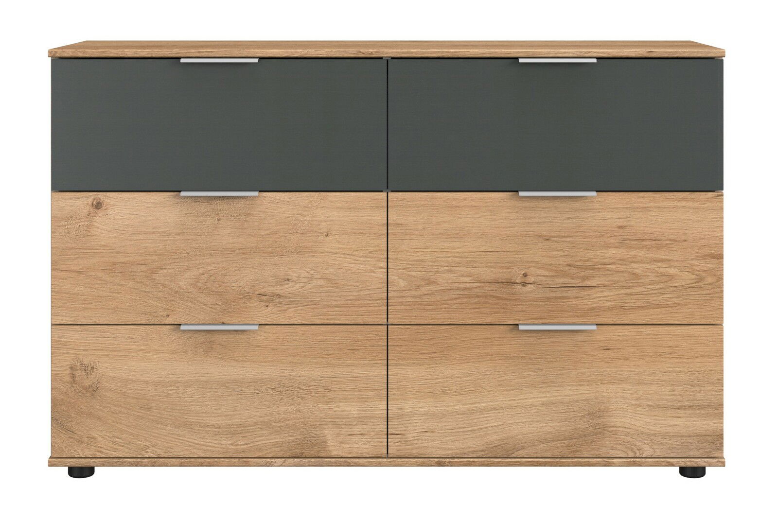 Z2 Kommode VALENCIA Frontale Ansicht einer modernen Kommode mit vier Schubladen, obere Schubladen in dunklem Grau und untere in Holzoptik.