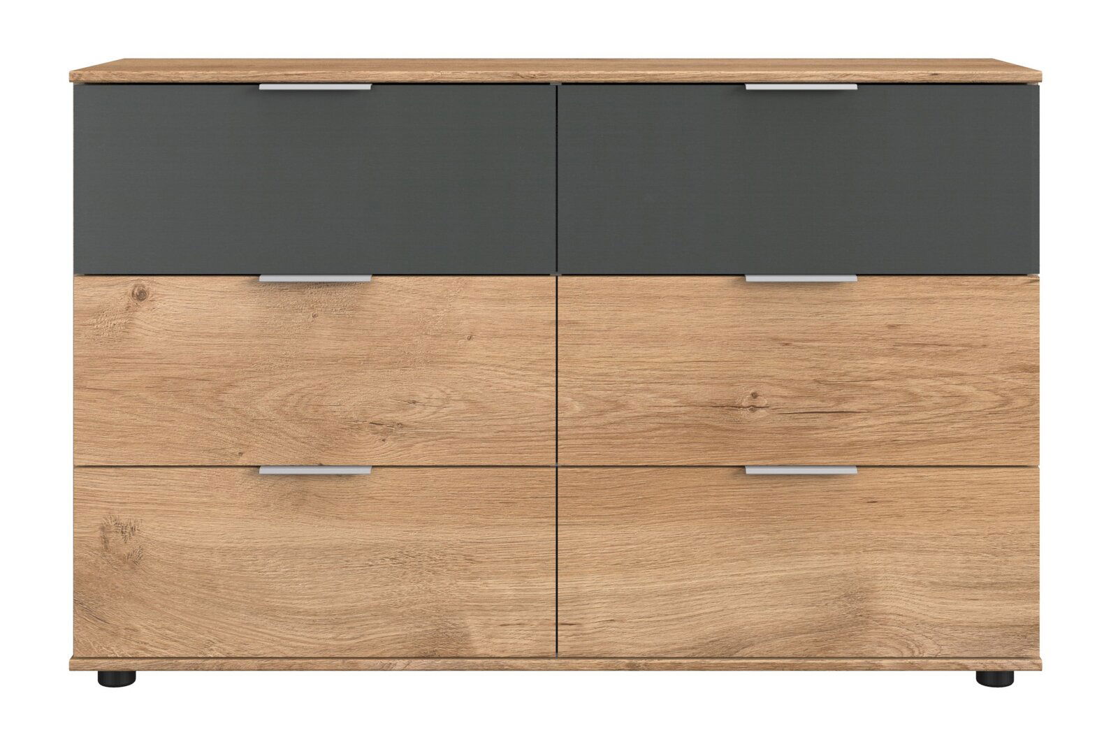 Z2 Kommode VALENCIA Frontale Ansicht einer modernen Kommode mit vier Schubladen, obere Schubladen in dunklem Grau und untere in Holzoptik.