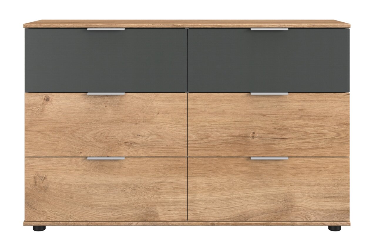 Z2 Kommode VALENCIA Frontale Ansicht einer modernen Kommode mit vier Schubladen, obere Schubladen in dunklem Grau und untere in Holzoptik.