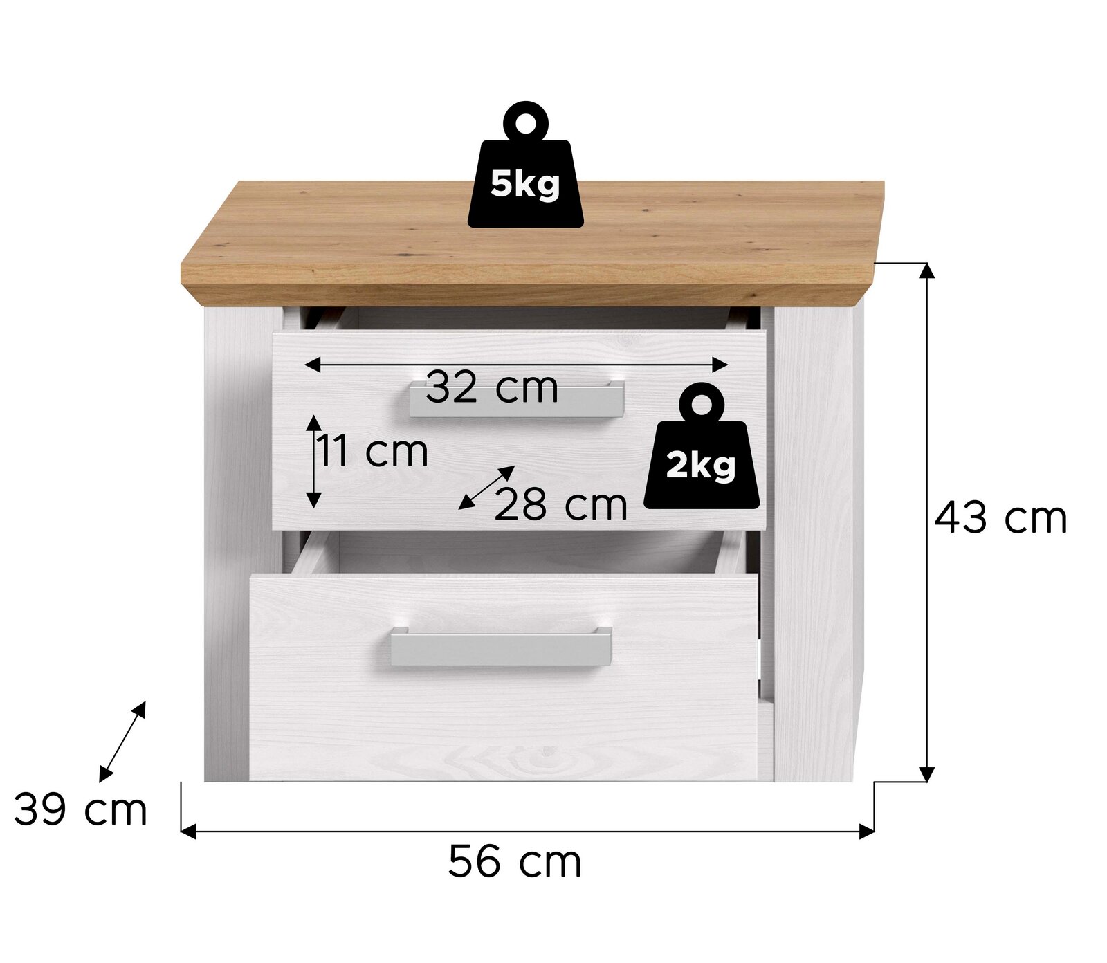 Weißer Nachttisch mit zwei Schubladen und Holzplatte, Frontansicht; Maße 56 x 39 x 43 cm, obere Schublade innen ca. 32 cm breit und 11 cm hoch, Auszugtiefe ca. 28 cm, Belastbarkeit Deckplatte 5 kg und Schublade 2 kg.