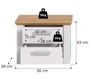Weißer Nachttisch mit zwei Schubladen und Holzplatte, Frontansicht; Maße 56 x 39 x 43 cm, obere Schublade innen ca. 32 cm breit und 11 cm hoch, Auszugtiefe ca. 28 cm, Belastbarkeit Deckplatte 5 kg und Schublade 2 kg.