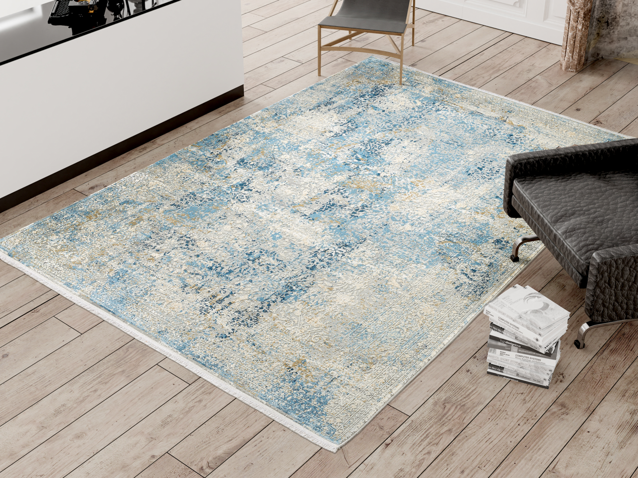 Designer Teppich in Blau- und Beigetönen auf einem Holzboden, aus der Vogelperspektive fotografiert.