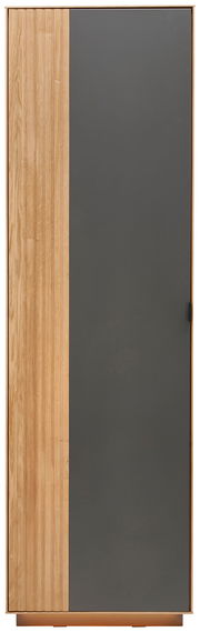 Moderner Garderobenschrank mit einer Kombination aus Holz- und grauer Oberfläche, Frontalansicht.