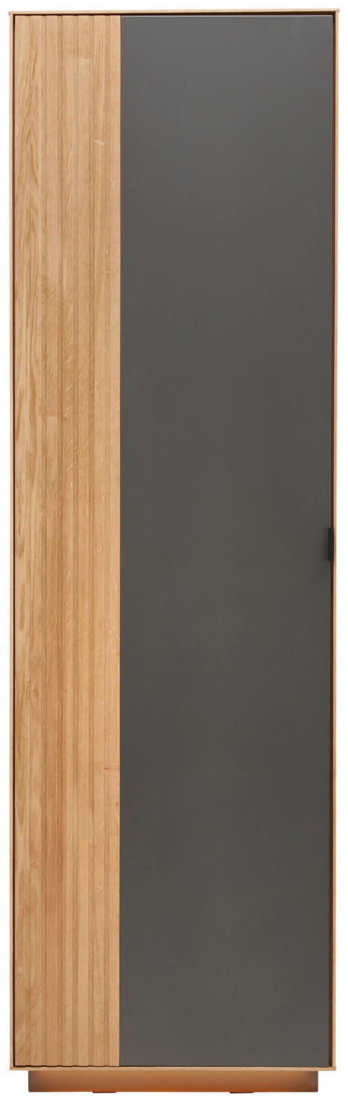 Moderner Garderobenschrank mit einer Kombination aus Holz- und grauer Oberfläche, Frontalansicht.