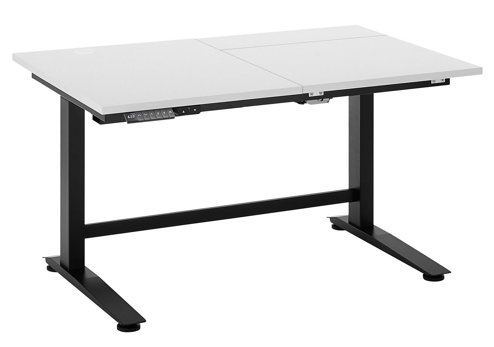 E-Serie E-Schreibtisch BEN II Moderner E-Schreibtisch mit weißer Tischplatte und schwarzem Gestell, seitliche Perspektive