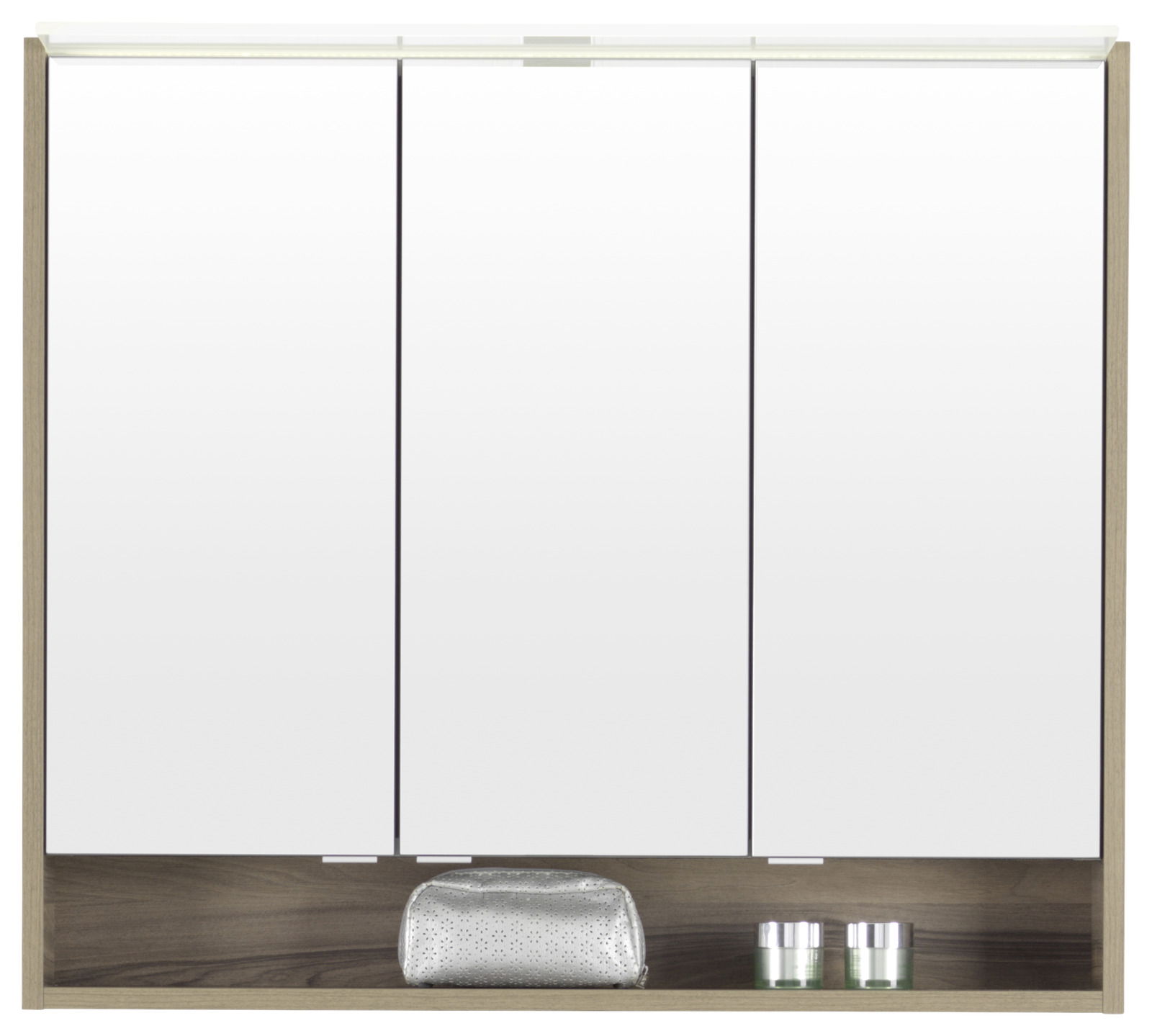 Spiegelschrank mit drei Türen, frontal fotografiert, mit Ablagefach darunter.