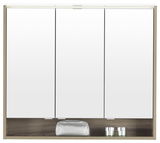 Spiegelschrank mit drei Türen, frontal fotografiert, mit Ablagefach darunter.