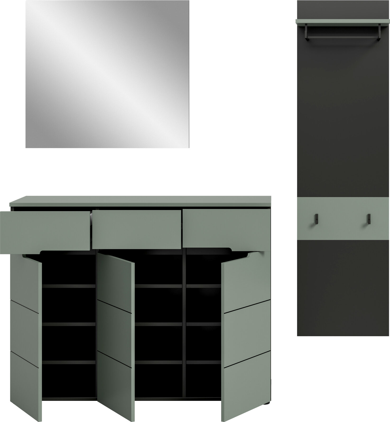 Modernes Badezimmermöbel-Set in Salbeigrün mit Waschtischunterschrank (Türen geöffnet, Innenfächer sichtbar), Spiegel und Hochschrank mit Ablage und Haken, Frontansicht