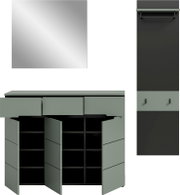 Modernes Badezimmermöbel-Set in Salbeigrün mit Waschtischunterschrank (Türen geöffnet, Innenfächer sichtbar), Spiegel und Hochschrank mit Ablage und Haken, Frontansicht