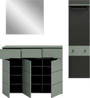 Modernes Badezimmermöbel-Set in Salbeigrün mit Waschtischunterschrank (Türen geöffnet, Innenfächer sichtbar), Spiegel und Hochschrank mit Ablage und Haken, Frontansicht