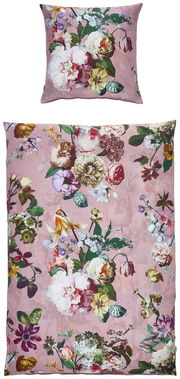 Bettwäsche-Set mit floralem Muster auf rosa Hintergrund, bestehend aus einem Kissenbezug und einem Bettdeckenbezug, von oben betrachtet.