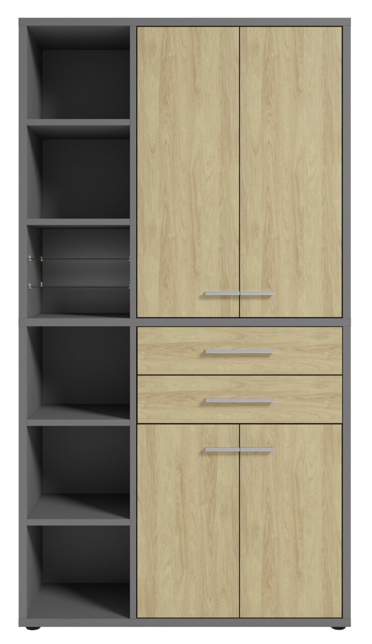 Hochformatiger Aktenschrank mit Holzoptik und grauen Regalfächern, frontal abgebildet