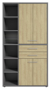Hochformatiger Aktenschrank mit Holzoptik und grauen Regalfächern, frontal abgebildet