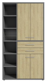 Hochformatiger Aktenschrank mit Holzoptik und grauen Regalfächern, frontal abgebildet