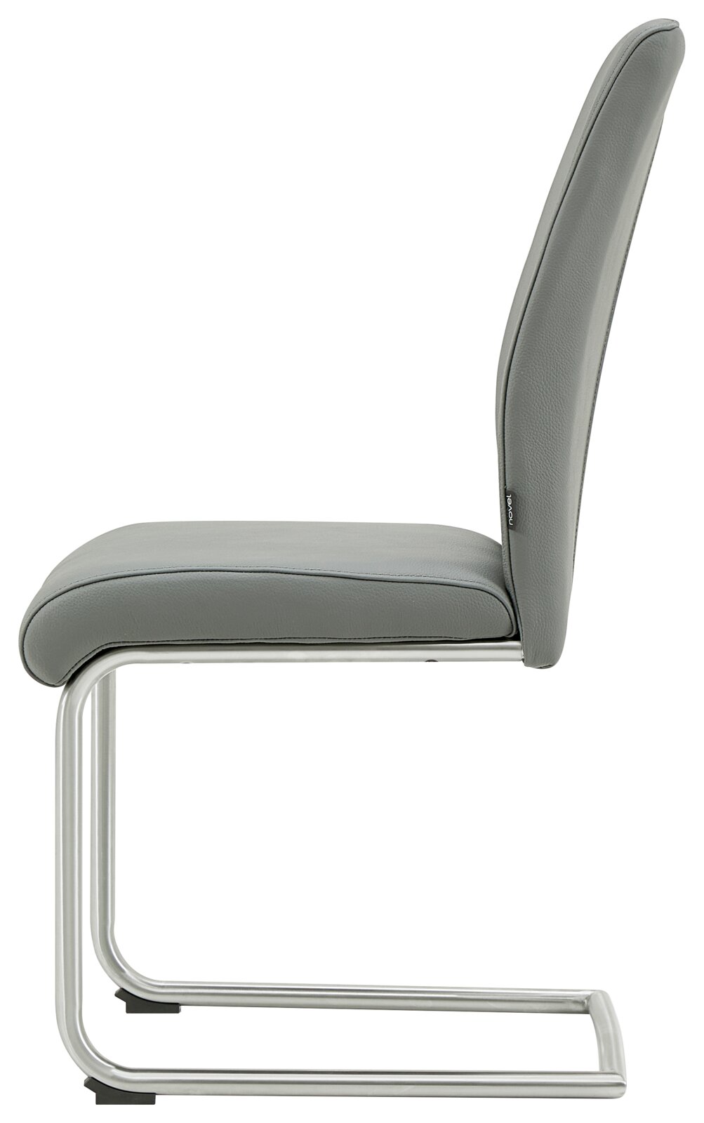 Moderner Freischwinger-Stuhl in Seitenansicht mit grauem Polster und Metallgestell.