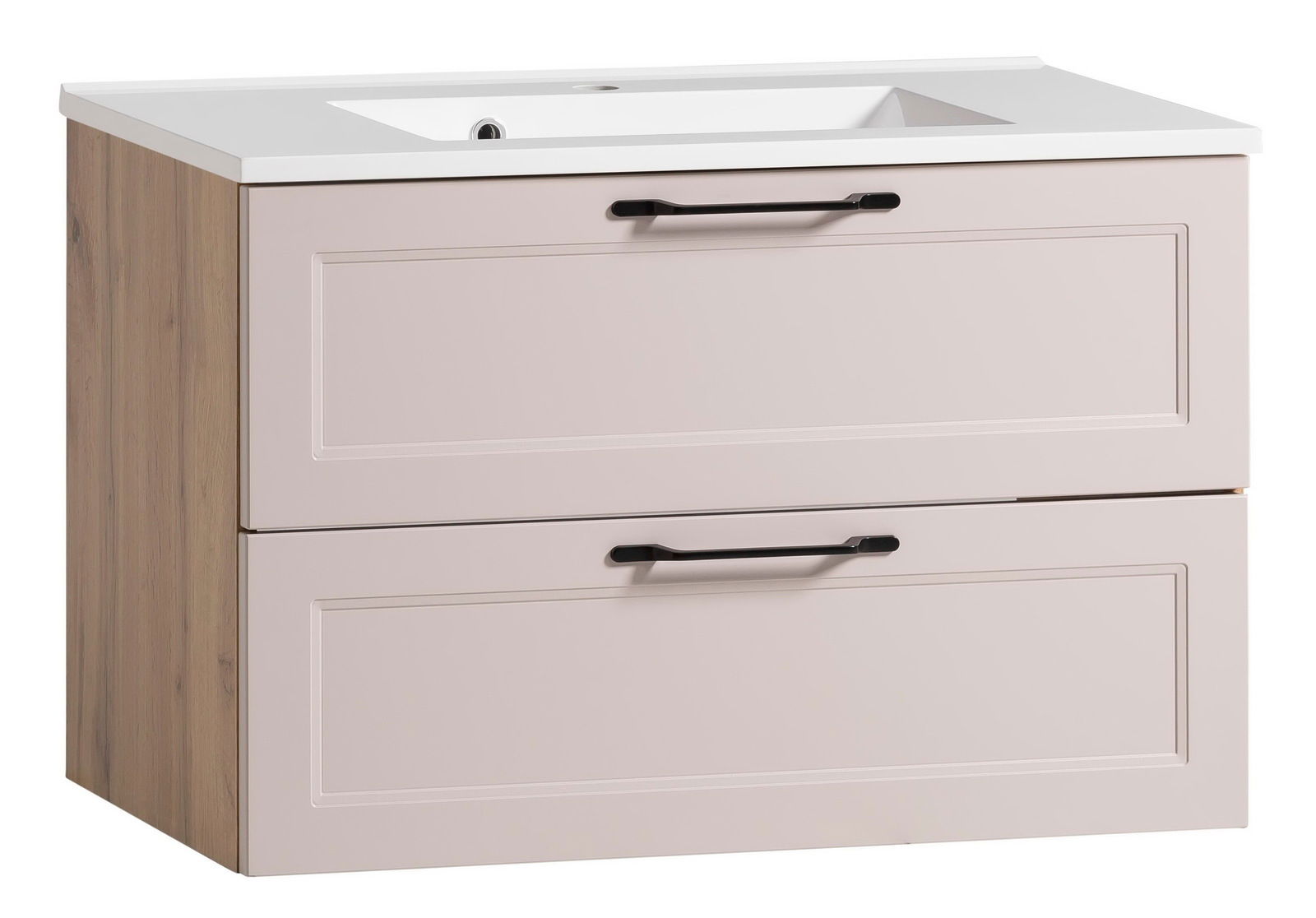 XORA Waschtisch-Set MERAN Waschtisch-Set mit zwei Schubladen in Holzoptik und weißer Waschbeckenoberfläche, seitliche Perspektive