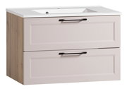 Waschtisch-Set mit zwei Schubladen in Holzoptik und weißer Waschbeckenoberfläche, seitliche Perspektive