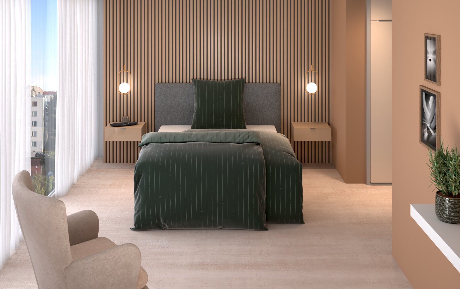 Schlafzimmer mit Wendebettwäsche in dunklem Grün, modernes Design mit Holzvertäfelung und großen Fenstern, Perspektive von der Seite des Bettes