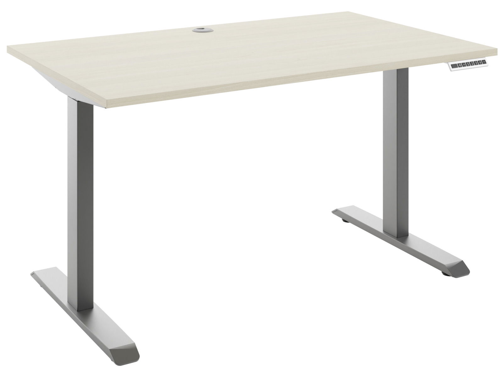 Moderner E-Schreibtisch mit heller Holzoberfläche und grauen Metallbeinen, seitliche Perspektive