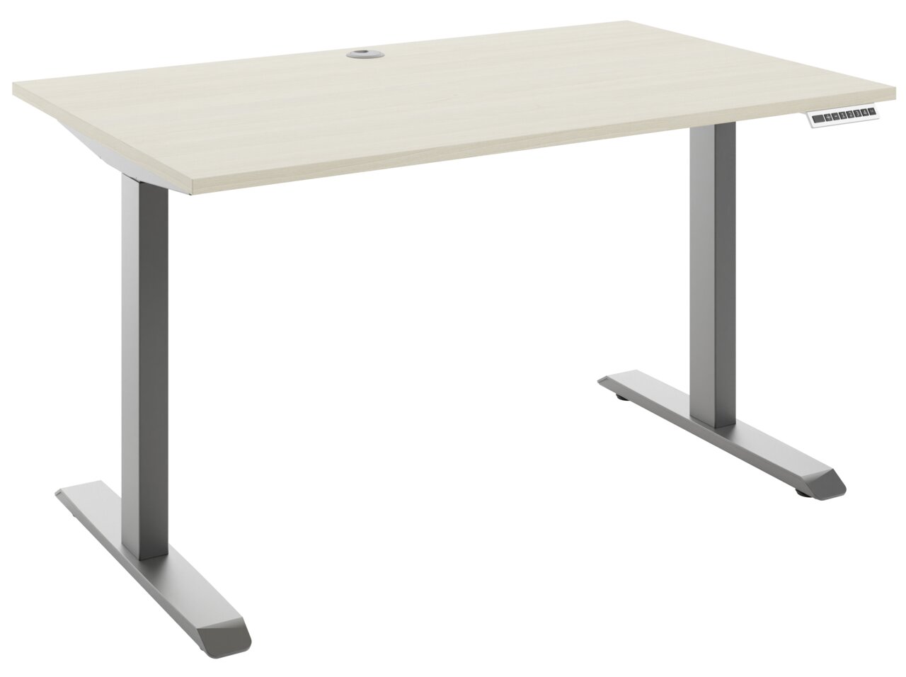 Moderner E-Schreibtisch mit heller Holzoberfläche und grauen Metallbeinen, seitliche Perspektive