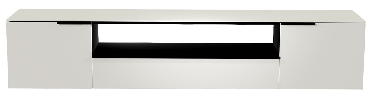 Moderano XL Hänge-Lowboard BORMIO Frontansicht eines weißen XL Hänge-Lowboards mit zwei Türen und einem offenen Fach in der Mitte.