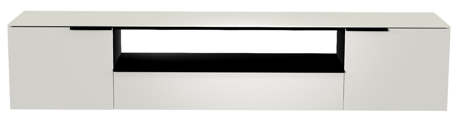 Frontansicht eines weißen XL Hänge-Lowboards mit zwei Türen und einem offenen Fach in der Mitte.