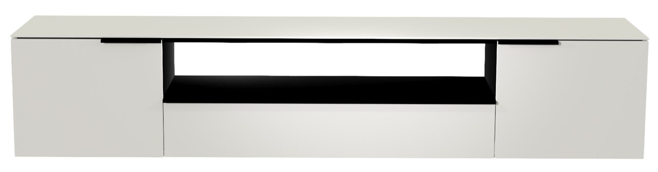 Frontansicht eines weißen XL Hänge-Lowboards mit zwei Türen und einem offenen Fach in der Mitte.