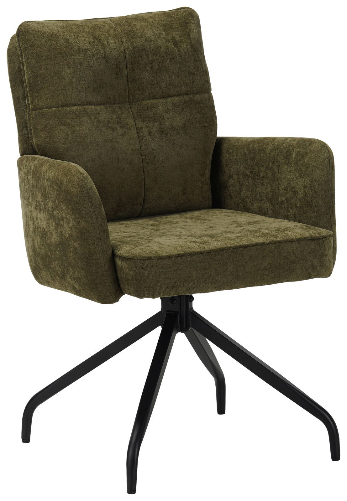 Grüner Schwingstuhl mit schwarzem Metallgestell, seitliche Perspektive