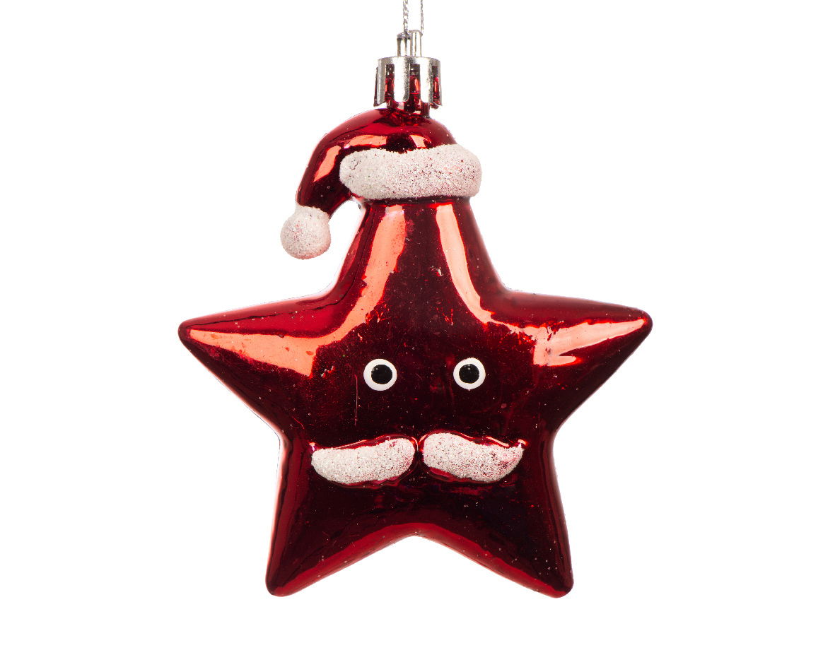 Rote sternförmige Weihnachtsbaumdekoration mit Weihnachtsmannmütze und Gesicht, Frontalansicht