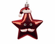 Rote sternförmige Weihnachtsbaumdekoration mit Weihnachtsmannmütze und Gesicht, Frontalansicht