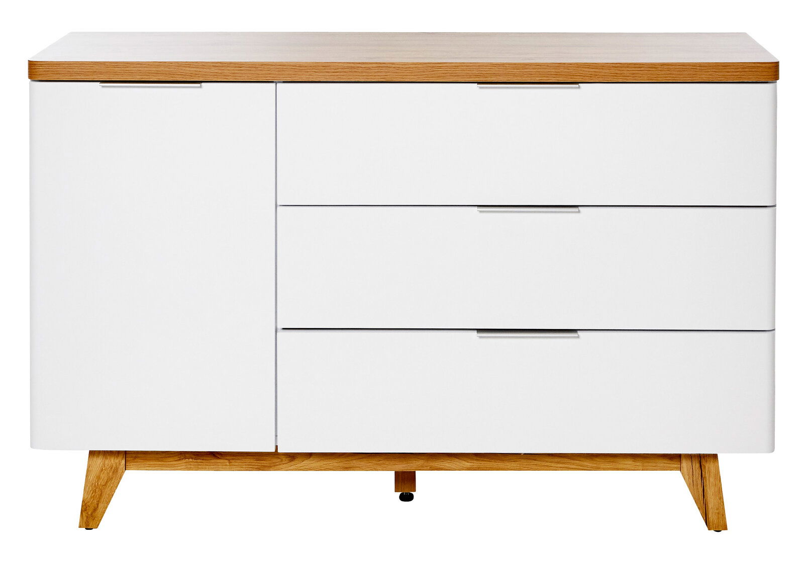 Weiße Kommode mit drei Schubladen und einer Tür, Holzoberfläche und Holzbeinen, frontale Ansicht
