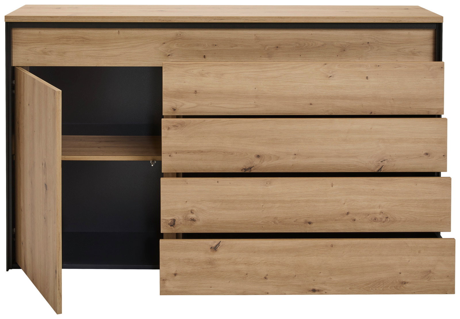 Frontansicht eines modernen Sideboards aus Holz mit drei Schubladen und einer offenen Tür, die einen Einblick in den Stauraum bietet.