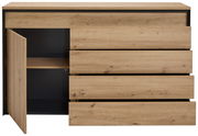 Frontansicht eines modernen Sideboards aus Holz mit drei Schubladen und einer offenen Tür, die einen Einblick in den Stauraum bietet.