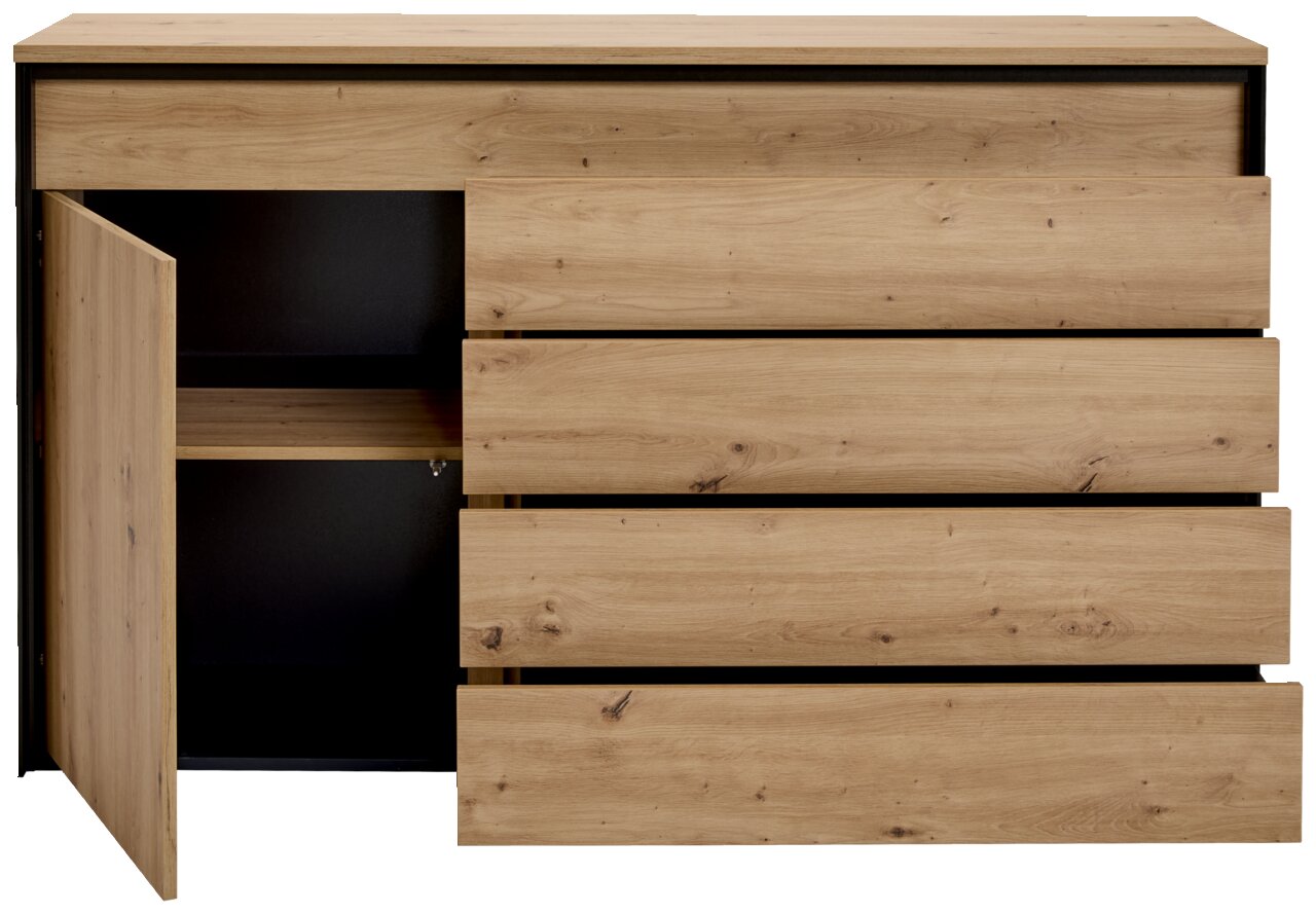 Frontansicht eines modernen Sideboards aus Holz mit drei Schubladen und einer offenen Tür, die einen Einblick in den Stauraum bietet.