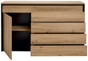 Frontansicht eines modernen Sideboards aus Holz mit drei Schubladen und einer offenen Tür, die einen Einblick in den Stauraum bietet.